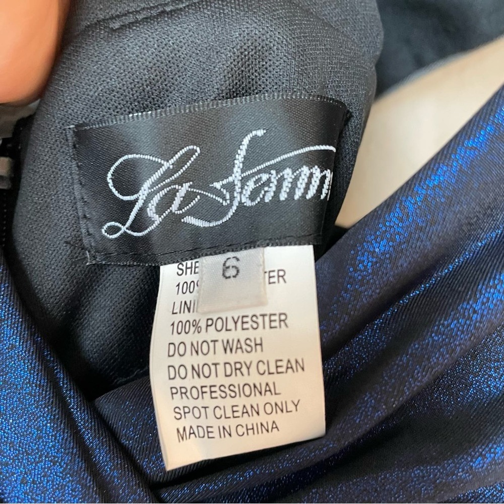La Femme Navy Blue Metallic V-Neck Ruched Gown with Thigh Slit - Picture 9 of 9